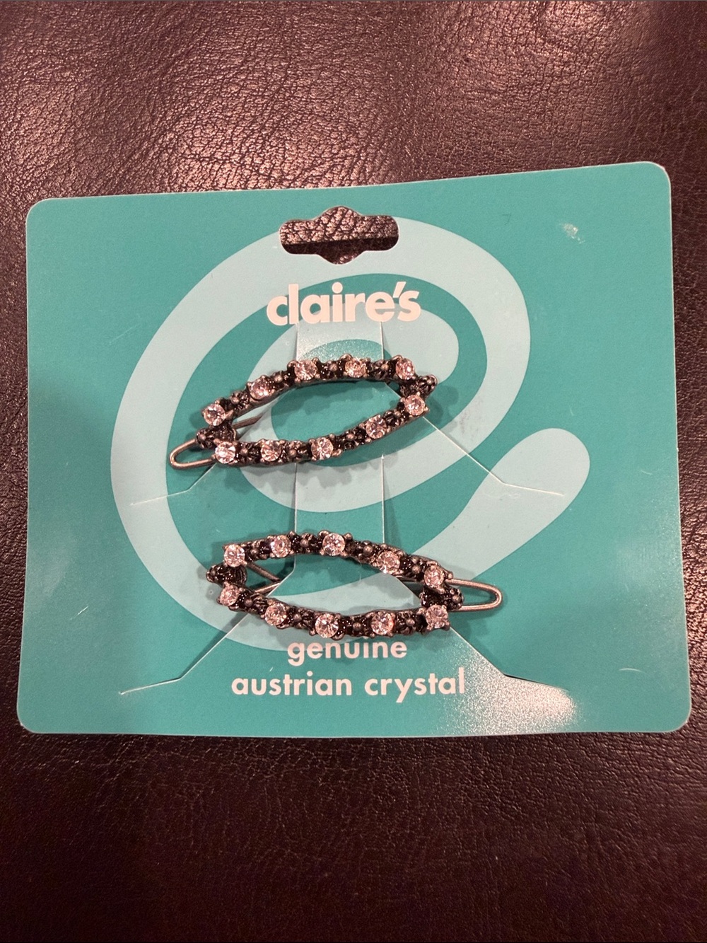Claire's Black and Clear Crystal Oval Hair Clips - 2 Pack Y2K Deadstock.